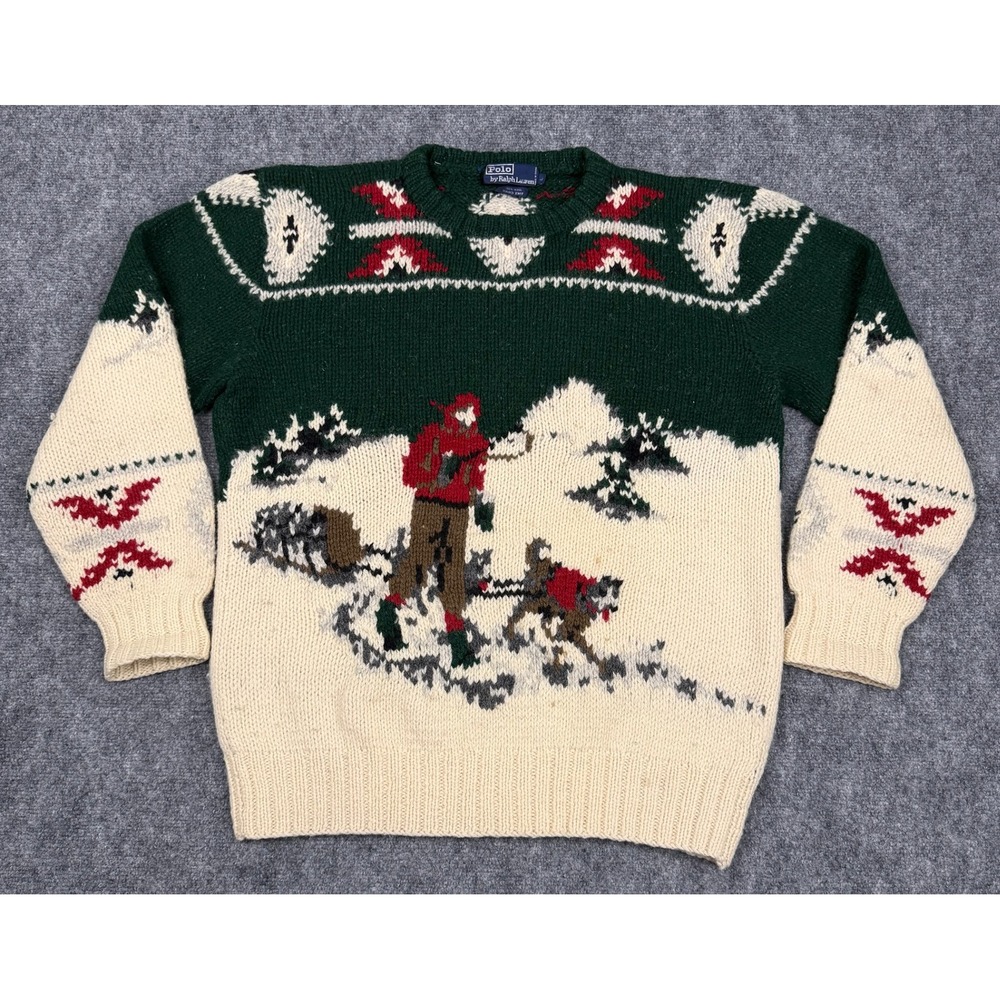 90s Vintage Polo Ralph Lauren Dog Sled Landscape Native Hand Knit Wool Sweater L